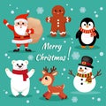 Set of cute cartoon characters. Santa Claus, deer, snowman, penguin, polar bear, gingerbread cookie. Illustration for Christmas an Royalty Free Stock Photo